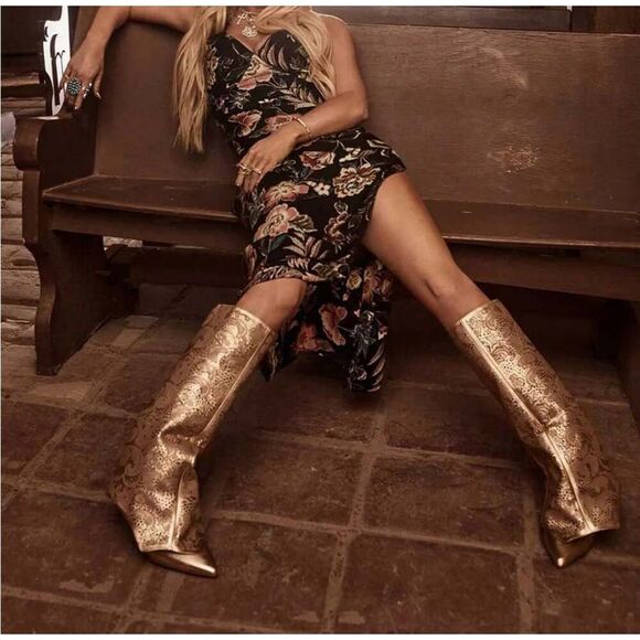 Jessica Simpson BRYKIA2 Gold Hollow Out Pointed Toe Knee High Western Boots - Picture 2 of 12
